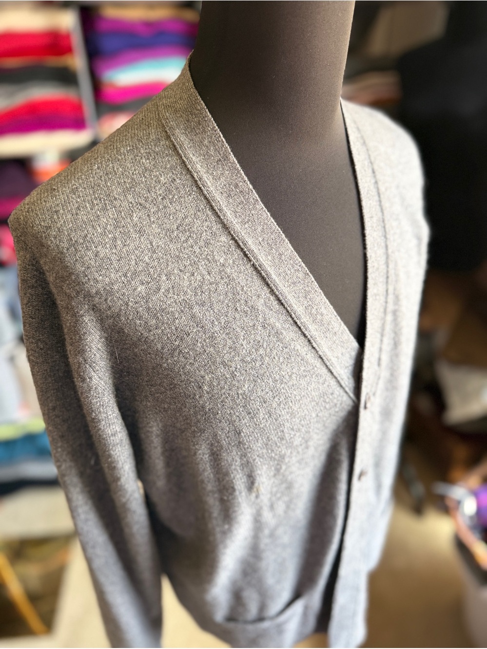 Vintage Men's Gray V-Neck Button Cardigan Cashmere Sweater